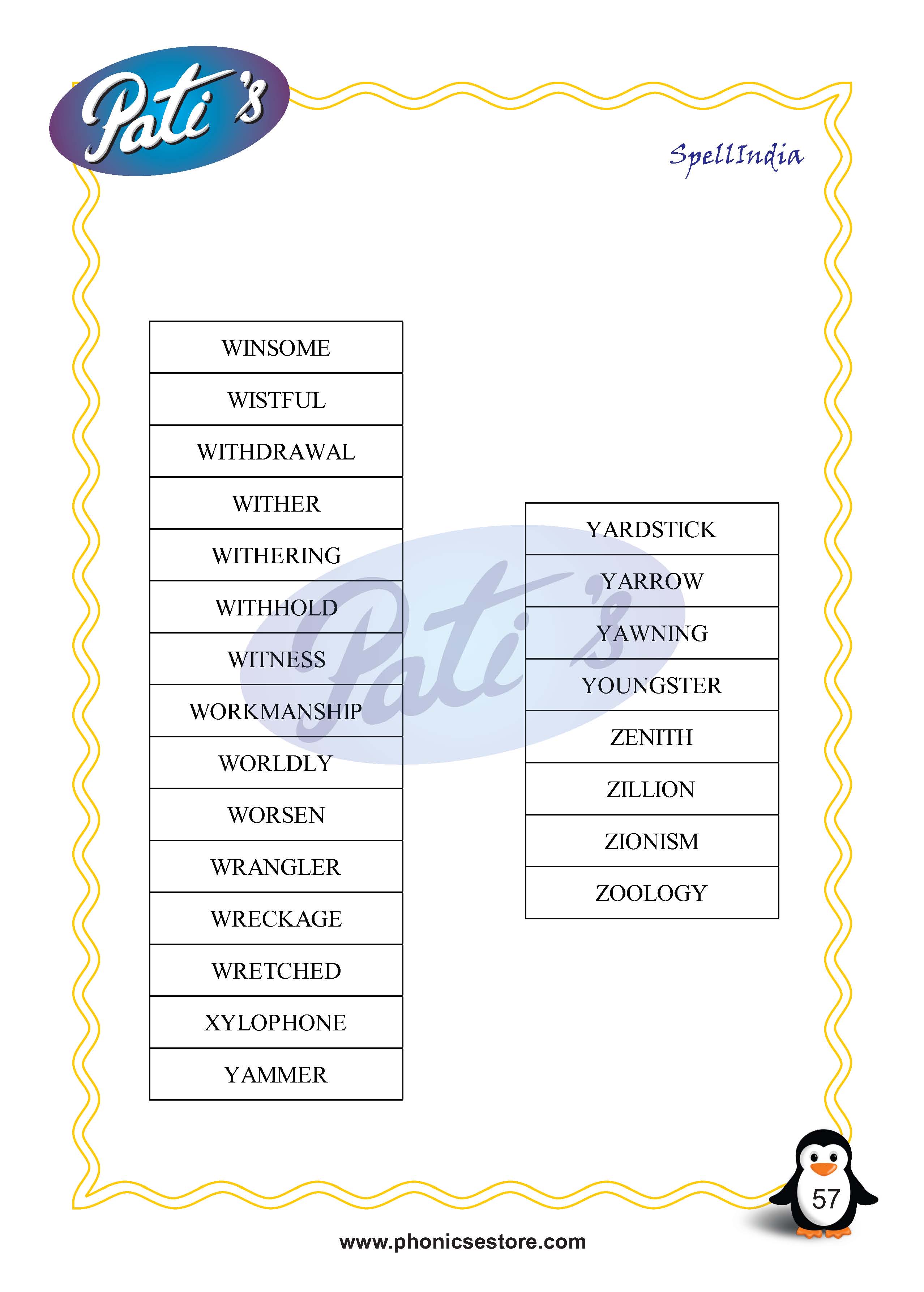 Pati Spelling Bee word list Class 5 Grade 5